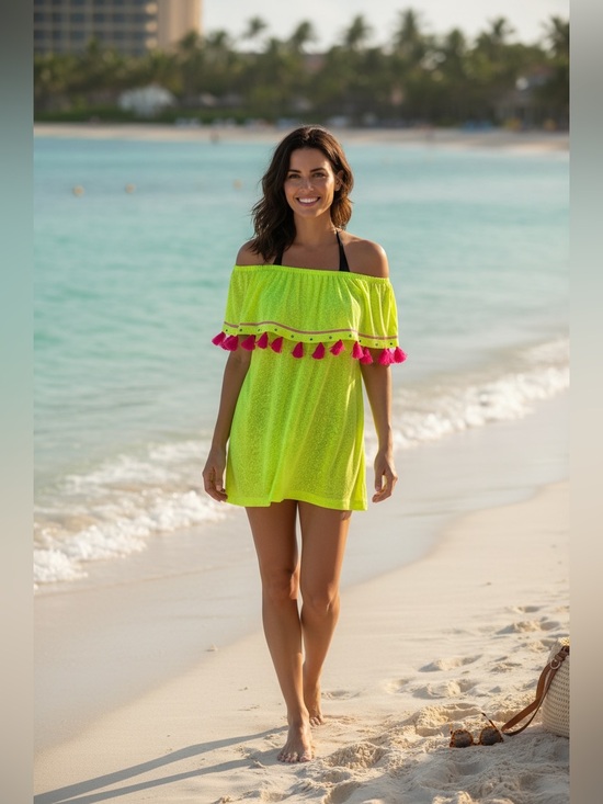 Pitusa Other - Pitusa Neon Lime Off-the-Shoulder Tassel Cover-Up, One Size Petite